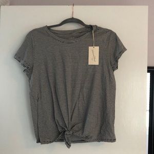 Black/white striped tee shirt with tie detail